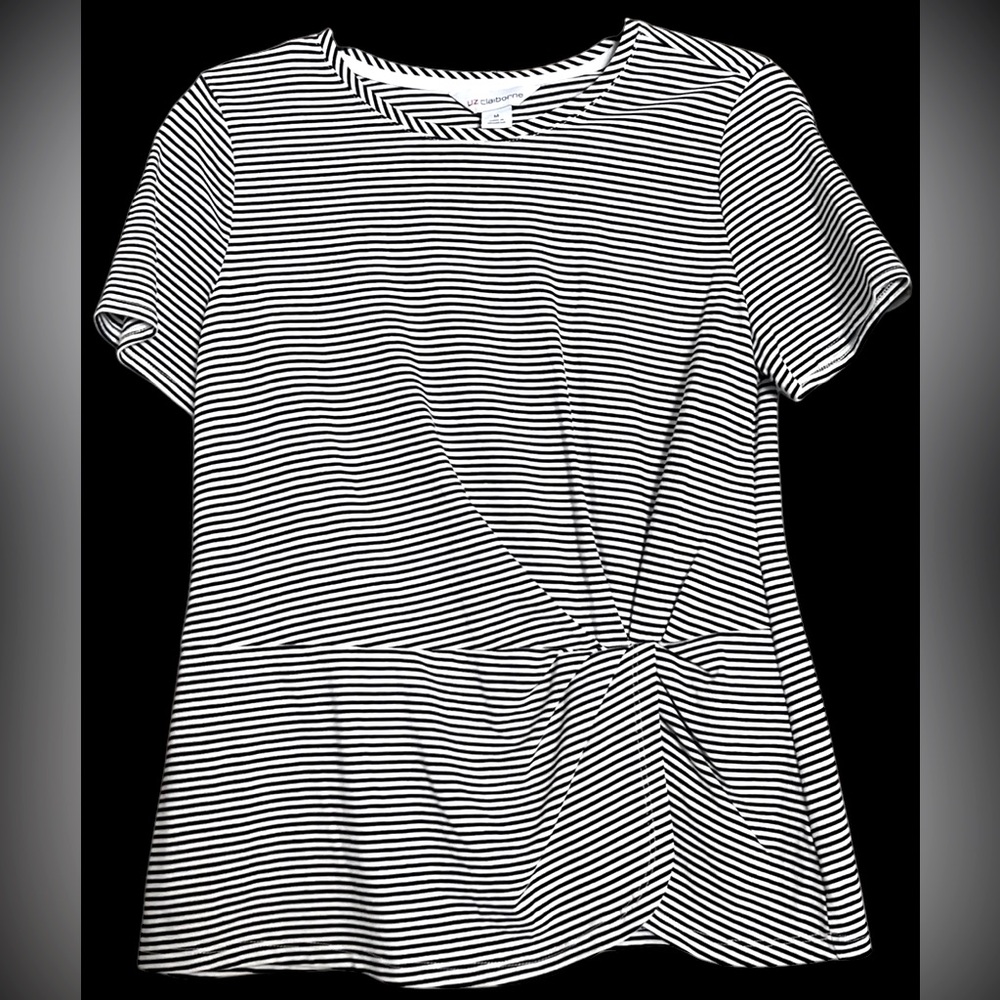 LIZ CLAIBORNE Black/White Pin Stripe Short Sleeve Peplum Top, Sz Medium, GUC.